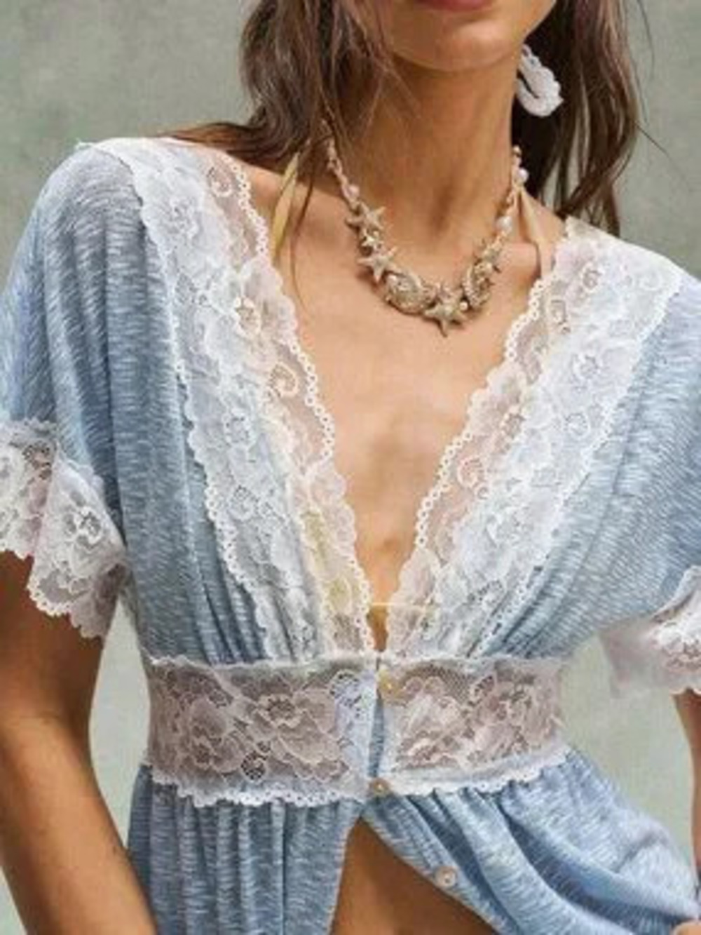 Blue Sexy Women's Casual Knit Contrast Lace Trim V-Neck T-Shirt